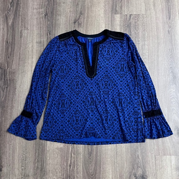 Lucky Brand Braided Velvet Trim Flare Sleeve Top Sz M - Picture 6 of 11